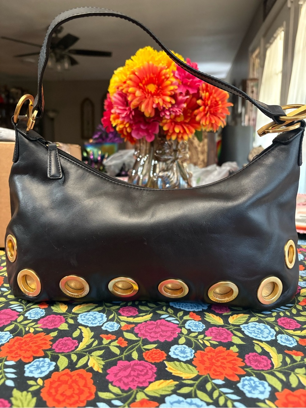 Franco Sarto Black Leather Shoulder Bag with Gold Grommet Accents